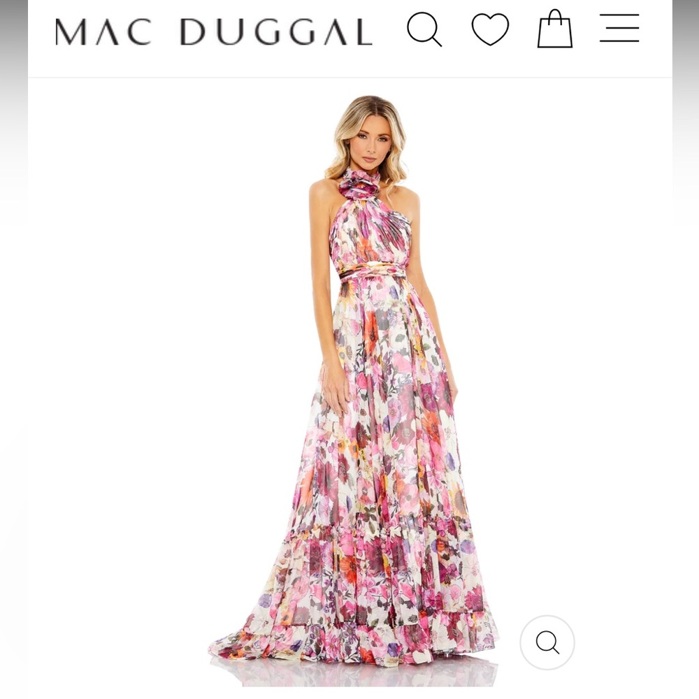 Mac Duggal Asymmetrical Ruffled Halter Floral Gown in White Multi. Size 14. NWT.